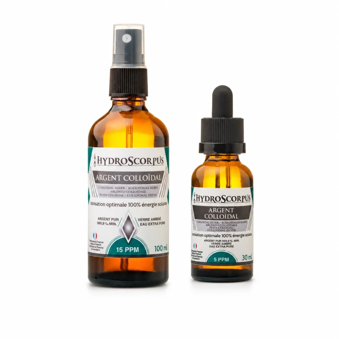 Pack Hydroscorpus avec spray d’argent colloïdal 15 PPM 100 ml et compte-gouttes 5 PPM 30 ml.