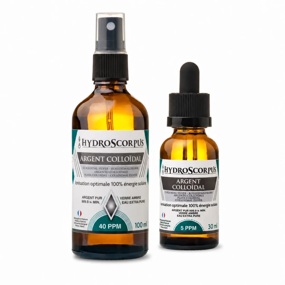 Pack Hydroscorpus avec spray d’argent colloïdal 40 PPM 100 ml et compte-gouttes 5 PPM 30 ml.