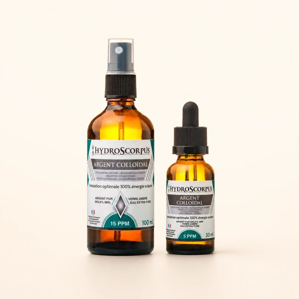 Vue alternative du pack Hydroscorpus avec spray argent colloïdal 15 PPM 100 ml et compte-gouttes 5 PPM 30 ml.