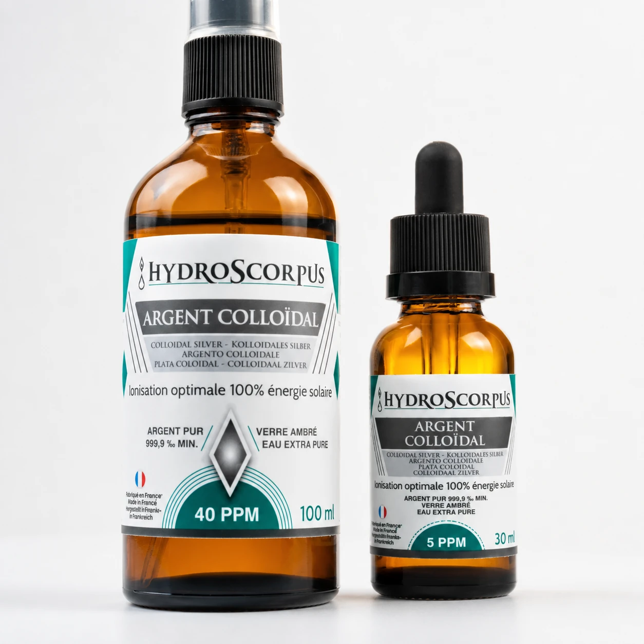 Pack Hydroscorpus avec flacon spray 40 PPM 100 ml et flacon compte-gouttes 5 PPM 30 ml en vue studio.