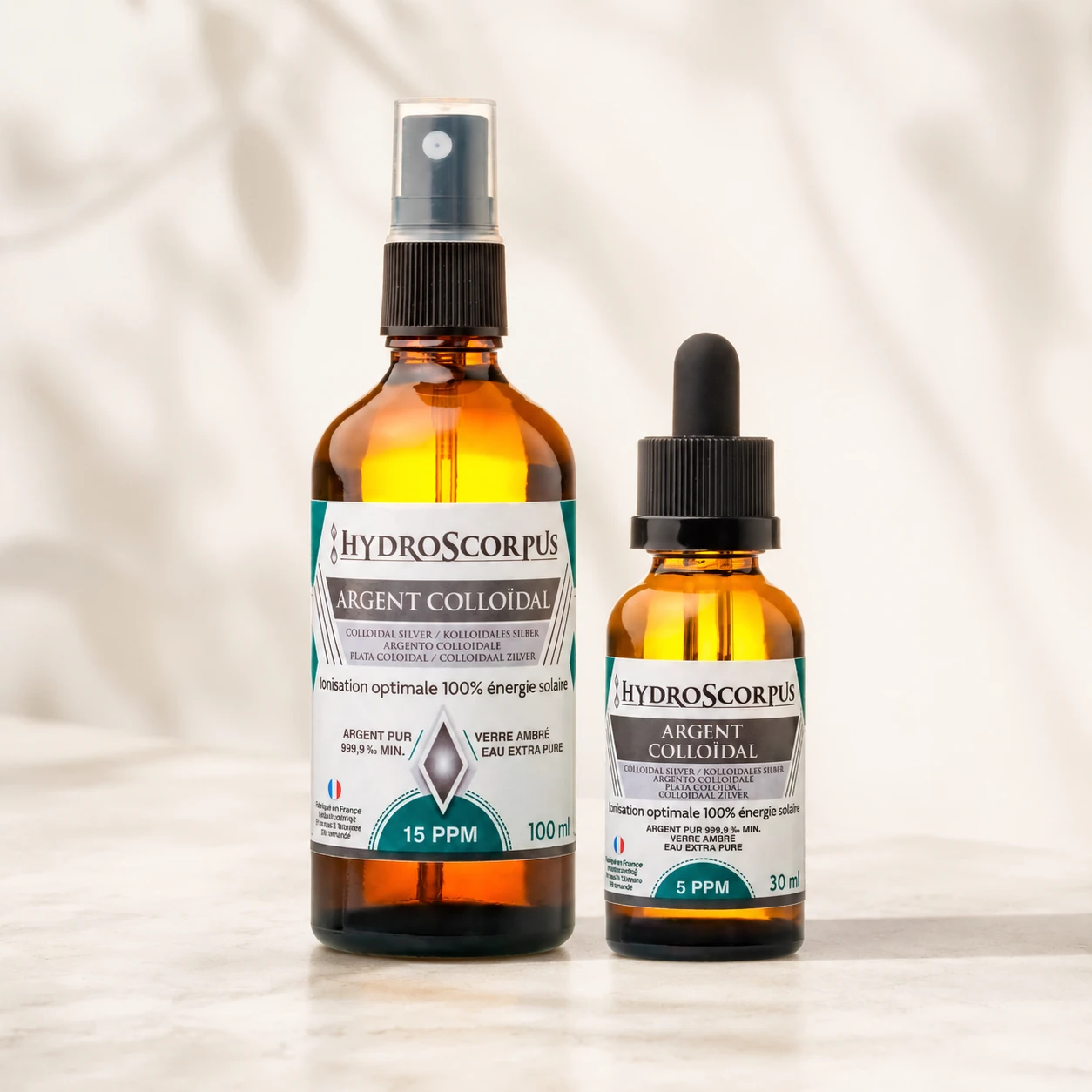 Pack spray 15 PPM 100 ml et compte-gouttes 5 PPM 30 ml Hydroscorpus en ambiance claire