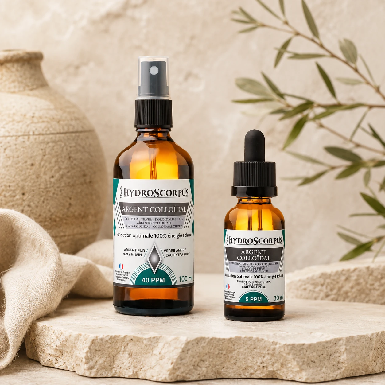 Pack Hydroscorpus spray argent colloïdal 40 PPM 100 ml et compte-gouttes 5 PPM 30 ml en ambiance minérale.