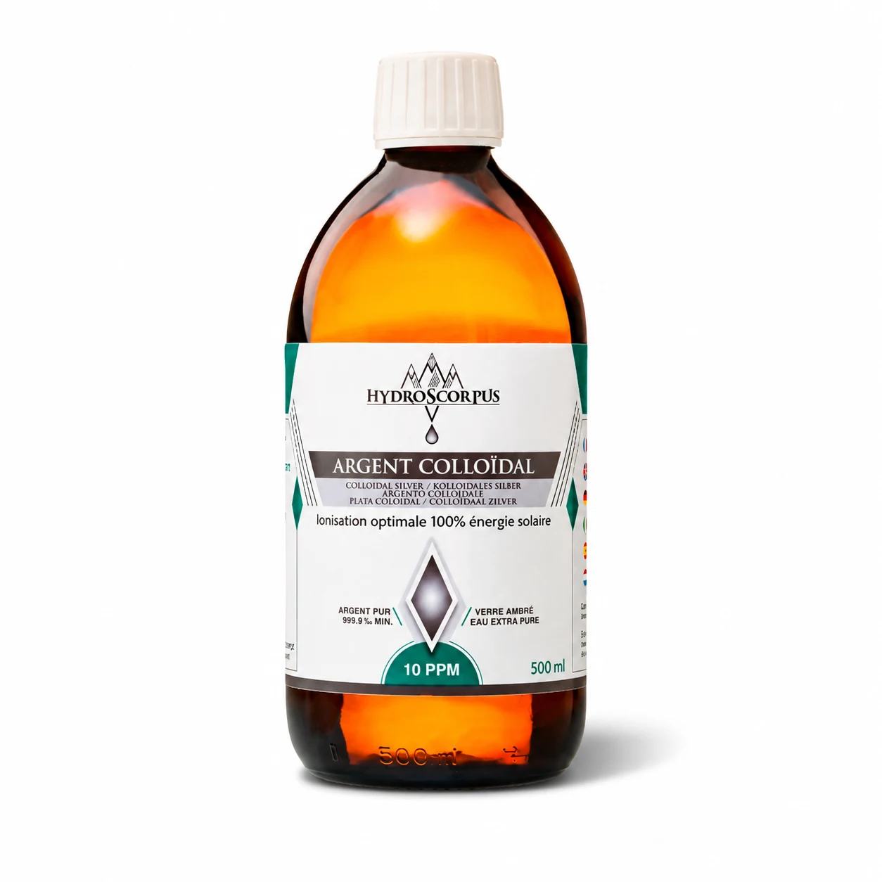 Bouteille d’argent colloïdal Hydroscorpus 10 PPM en verre ambré de 500 ml sur fond blanc.