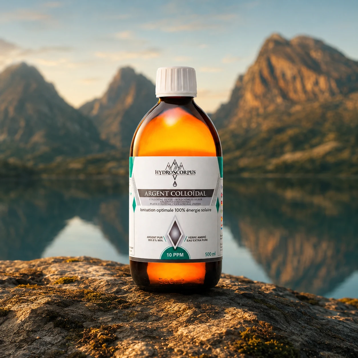 Bouteille d’argent colloïdal Hydroscorpus 10 PPM en verre ambré de 500 ml devant un lac et des montagnes.