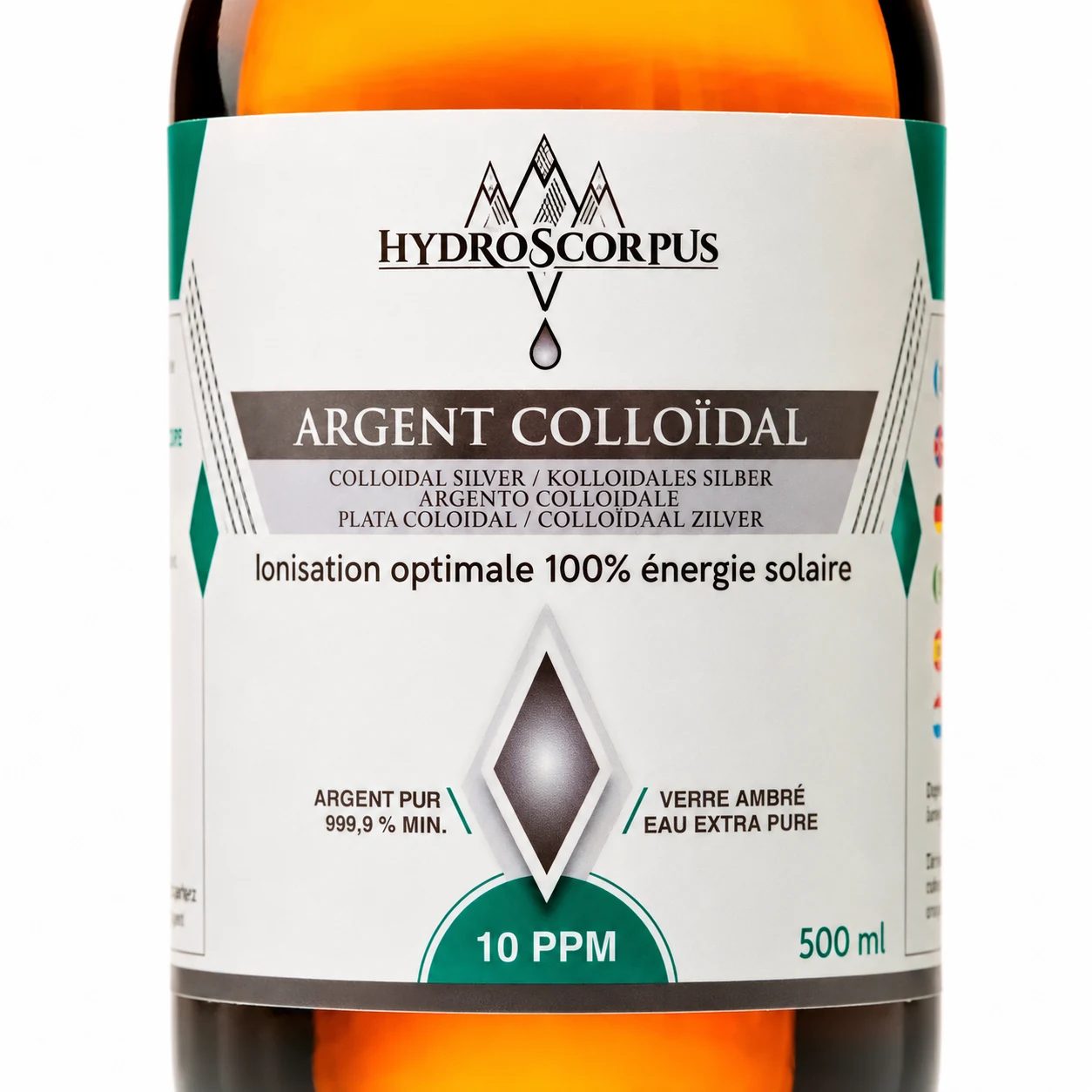 Gros plan de l’étiquette d’une bouteille Hydroscorpus d’argent colloïdal 10 PPM de 500 ml.