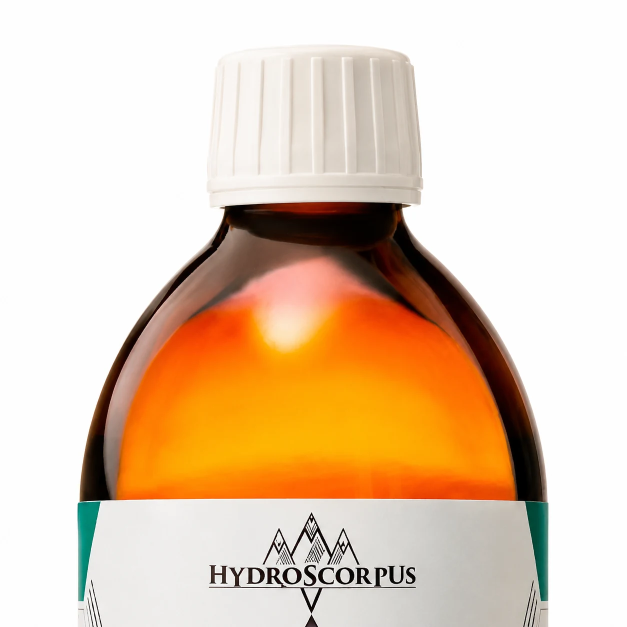 Détail du bouchon blanc et du verre ambré d’une bouteille Hydroscorpus d’argent colloïdal 10 PPM de 500 ml.