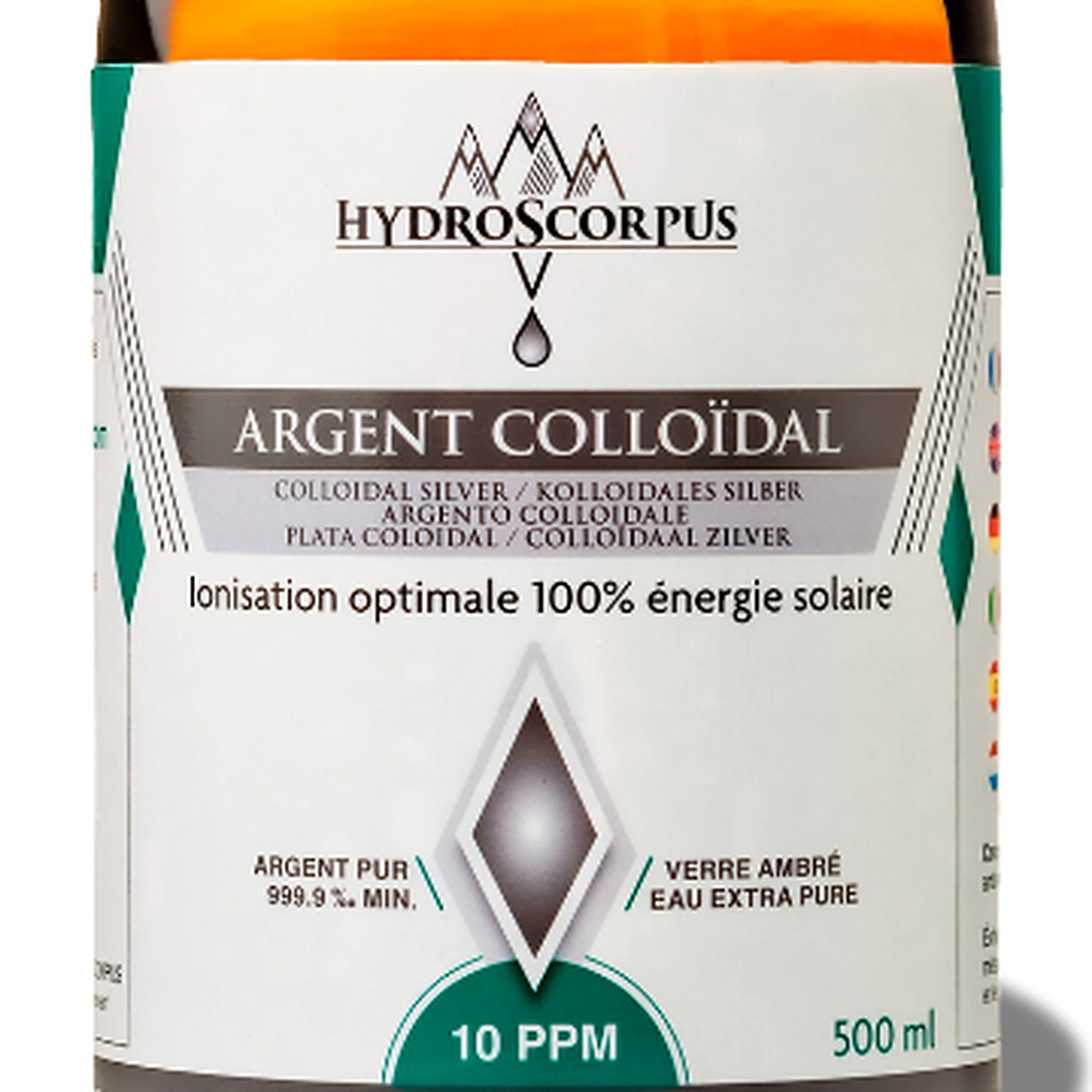 Gros plan de l’étiquette d’une bouteille Hydroscorpus d’argent colloïdal 10 PPM de 500 ml.