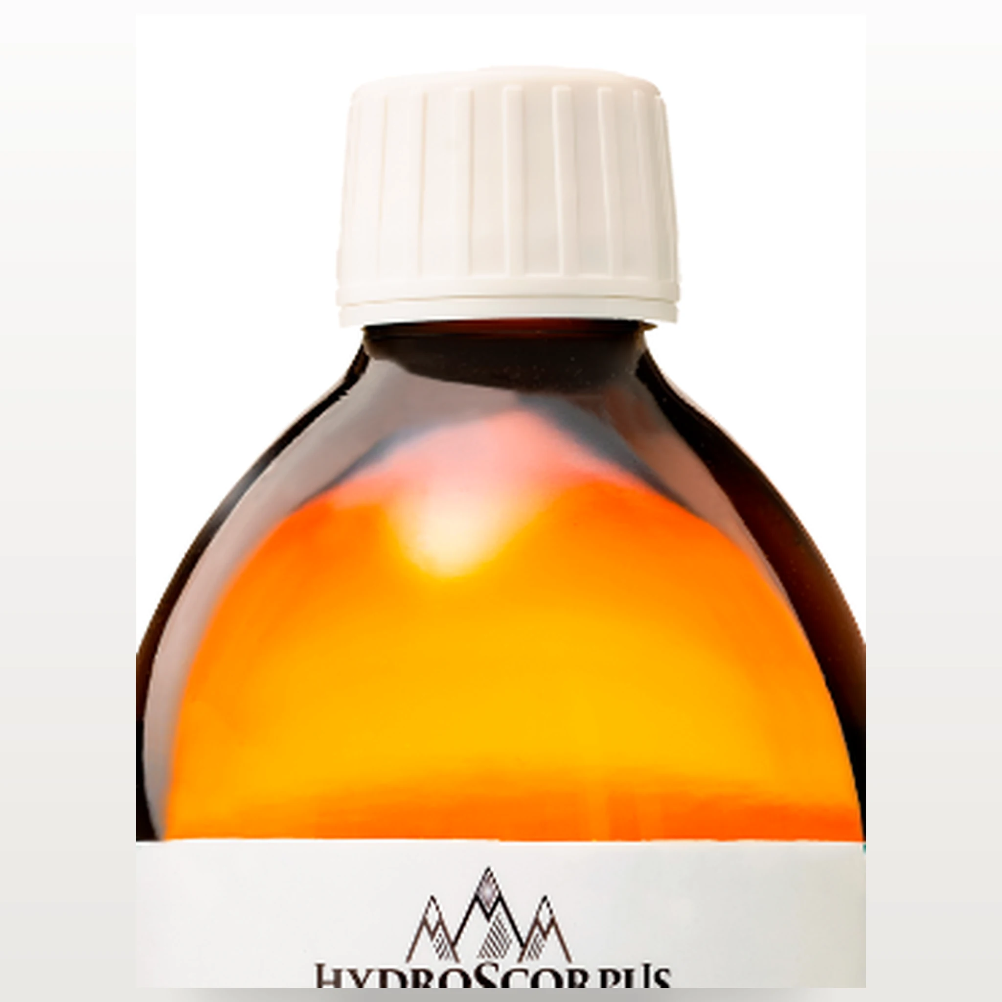 Détail du bouchon blanc et du verre ambré d’une bouteille Hydroscorpus d’argent colloïdal 10 PPM.