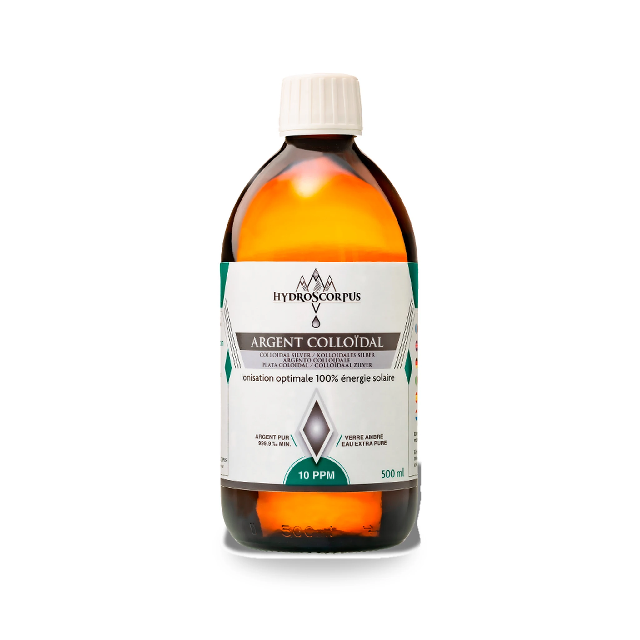 Bouteille en verre ambré Hydroscorpus de 500 ml d’argent colloïdal 10 PPM sur fond blanc.