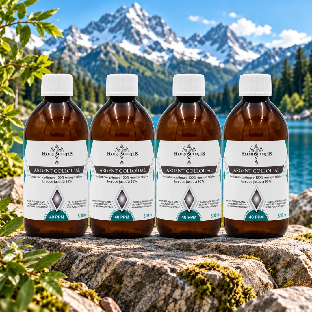 Lot de 4 bouteilles d’argent colloïdal Hydroscorpus 40 PPM de 500 ml devant un lac et des montagnes.