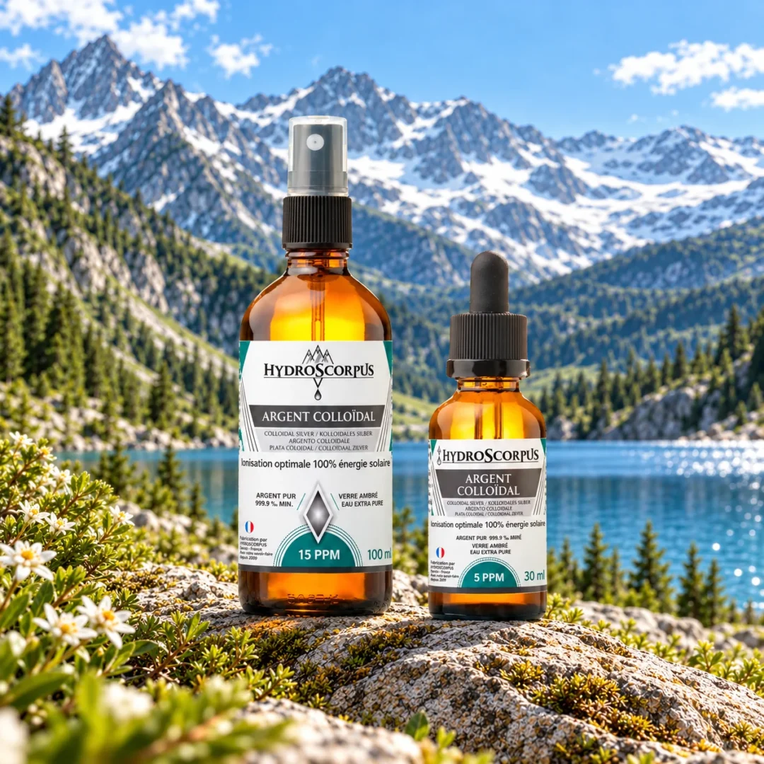 Spray d’argent colloïdal Hydroscorpus 15 PPM 100 ml avec compte-gouttes 5 PPM 30 ml devant un lac et des montagnes.