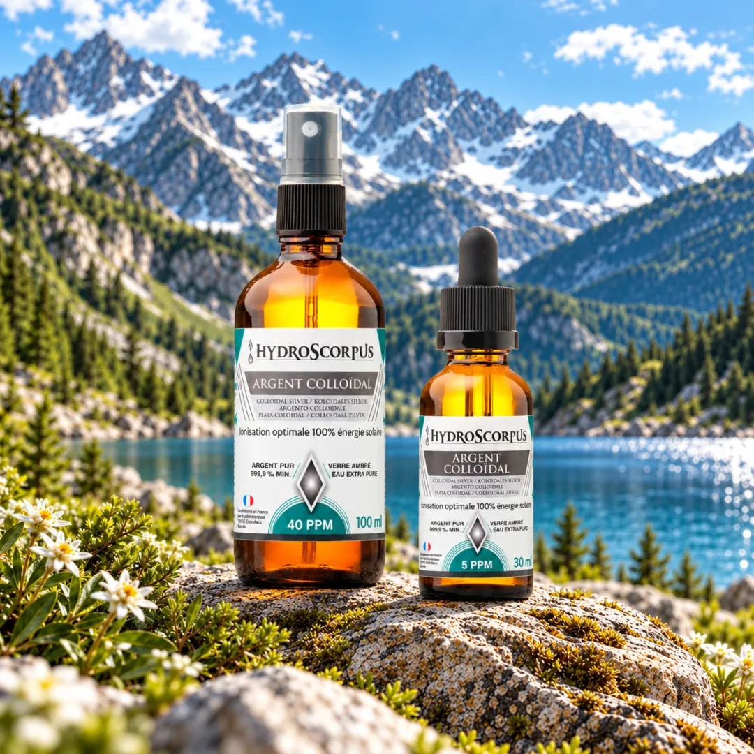 Spray d’argent colloïdal Hydroscorpus 40 PPM 100 ml avec compte-gouttes 5 PPM 30 ml devant un lac et des montagnes.