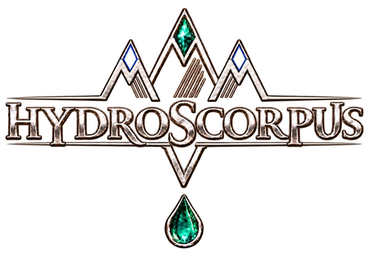 Logo Hydroscorpus avec trois montagnes argentées et goutte émeraude