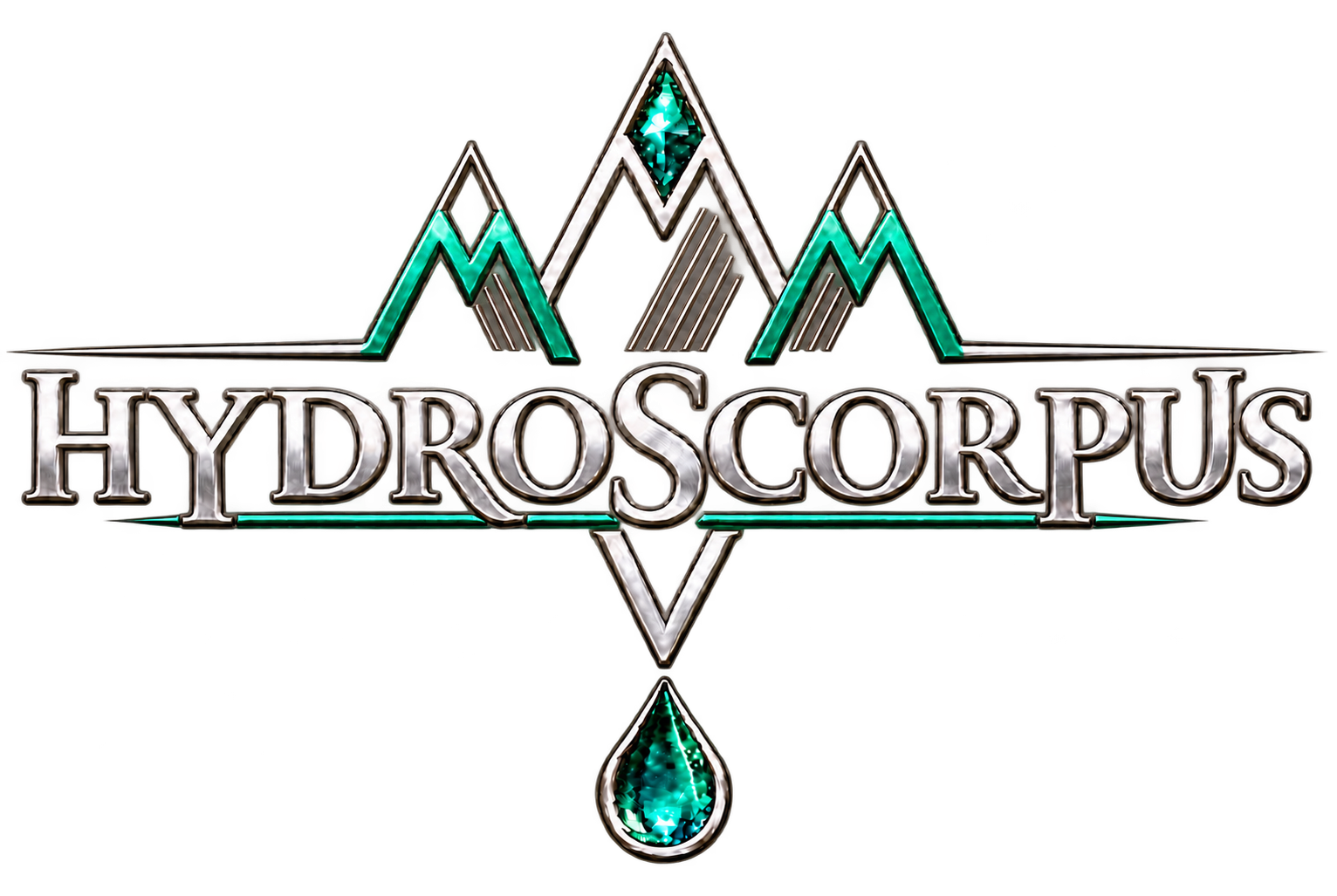 Logo Hydroscorpus avec trois montagnes argentées et vert émeraude, lettrage métallique et goutte verte