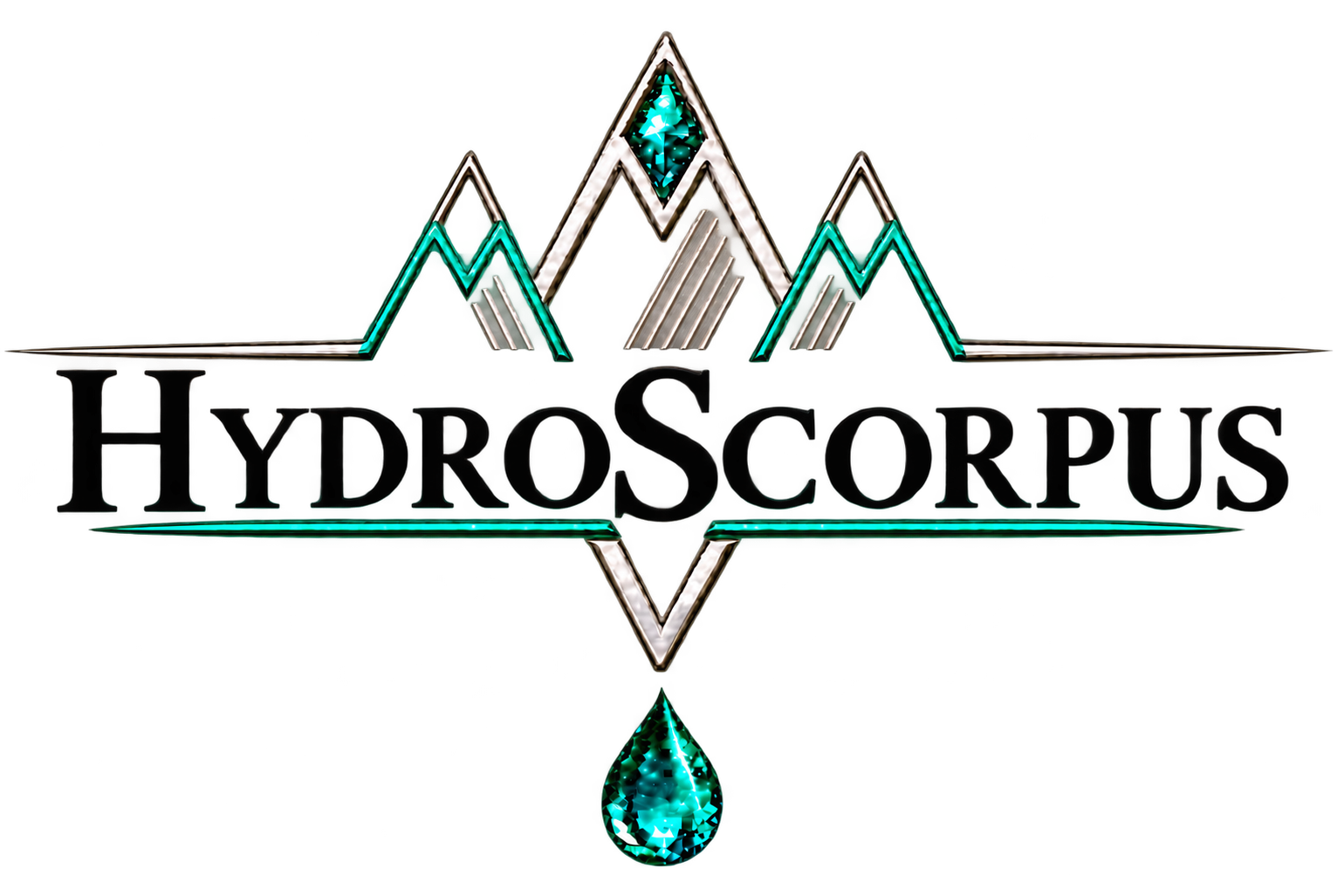 Logo Hydroscorpus avec trois montagnes argentées et vert émeraude, nom en lettres noires et goutte verte