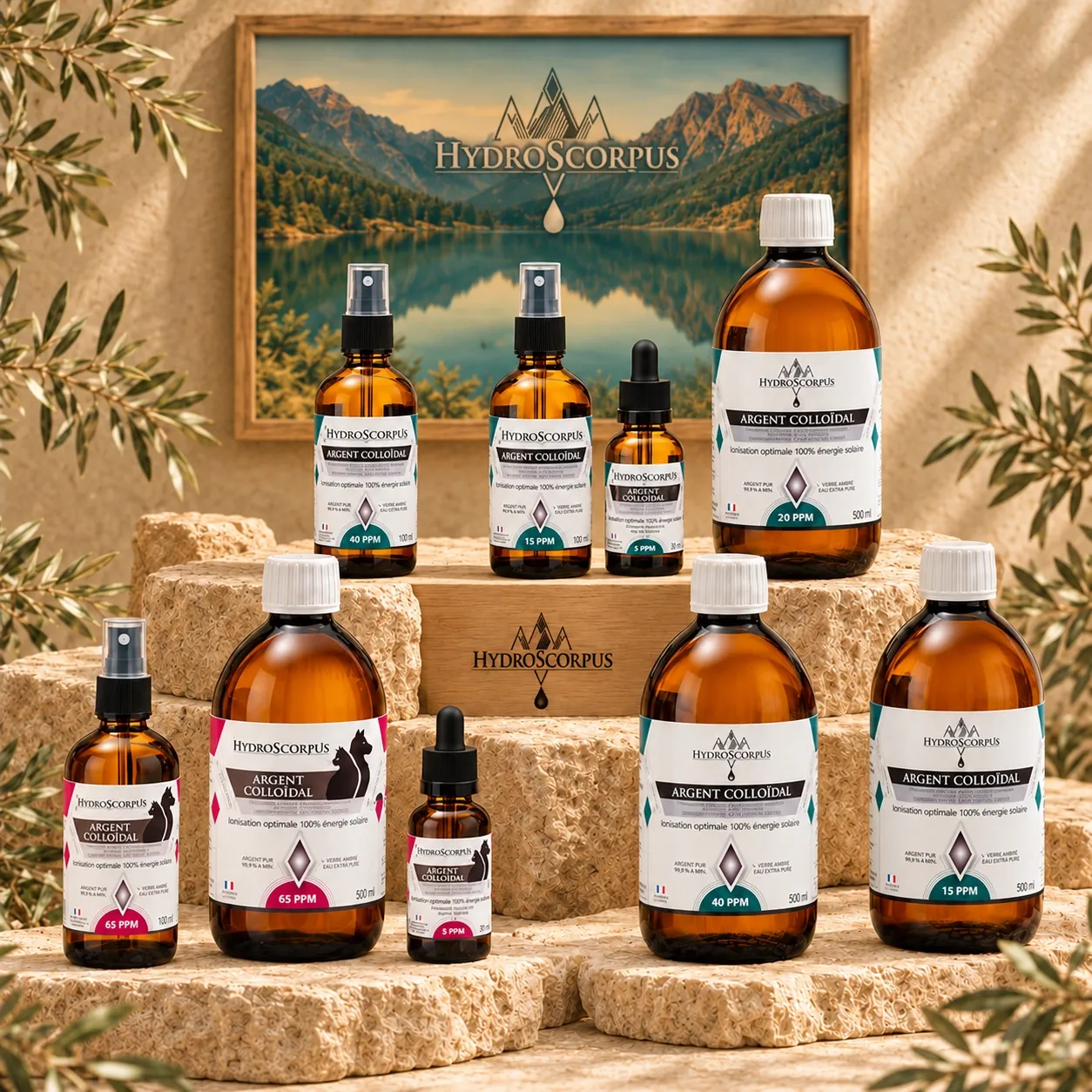 Pack cadeau Hydroscorpus comprenant 4 bouteilles de 500 ml, 3 sprays de 100 ml et 2 compte-gouttes de 30 ml en verre ambré